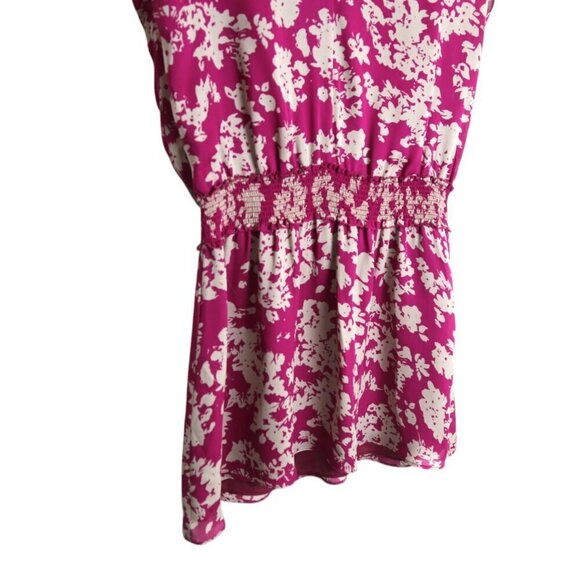 Ramy Brook Silk Blouson Shift Mini Dress Smocked Waist V-Neck Floral Fuchsia - Picture 3 of 7